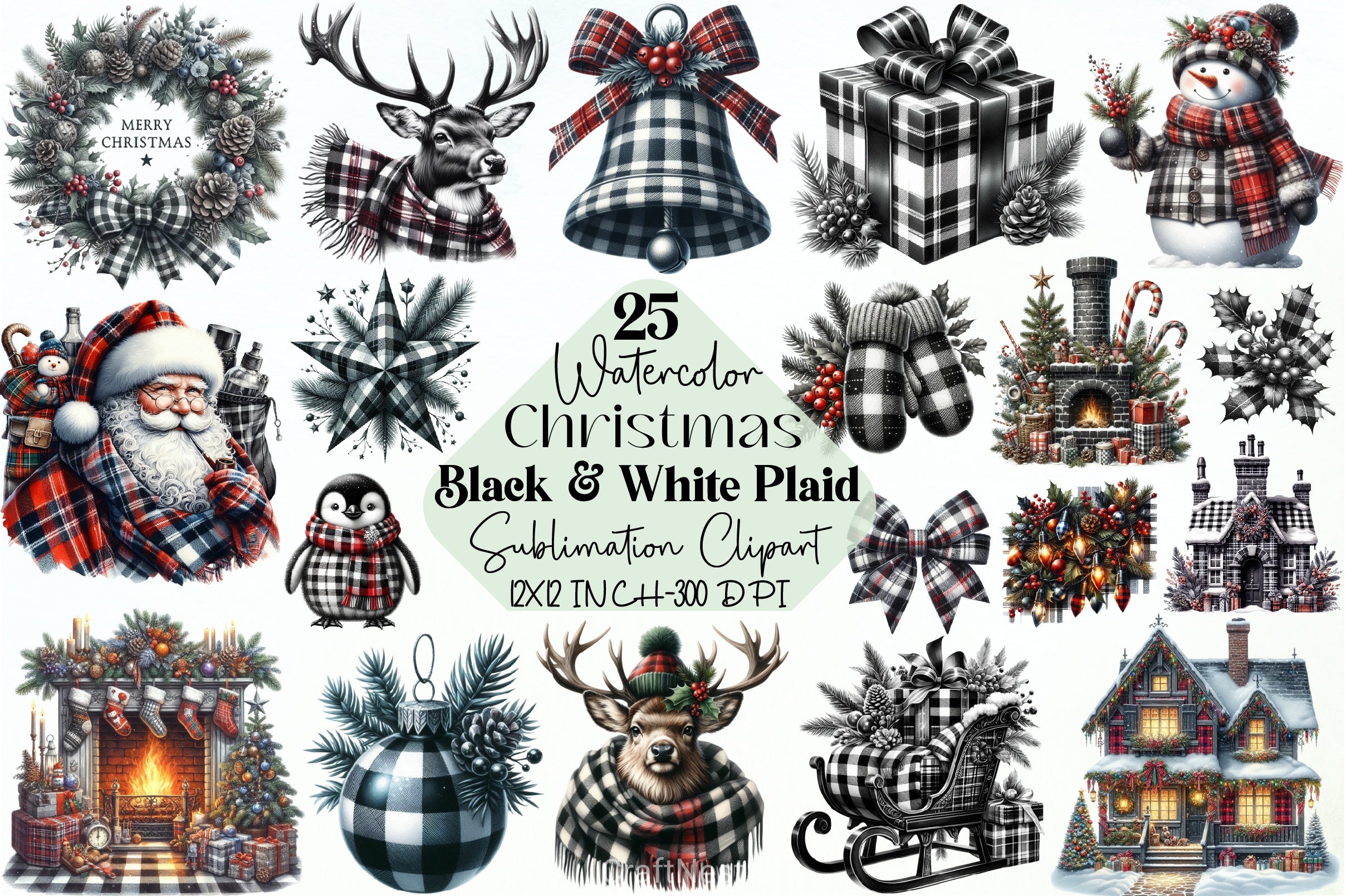 Black & White Plaid Christmas Clipart Bundle - CraftNest - Digital Crafting and Art