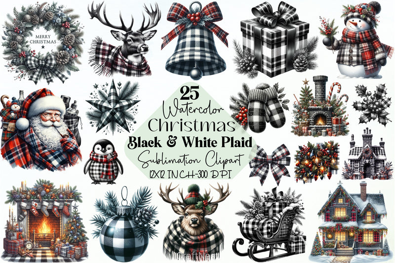 Black & White Plaid Christmas Clipart Bundle - CraftNest - Digital Crafting and Art