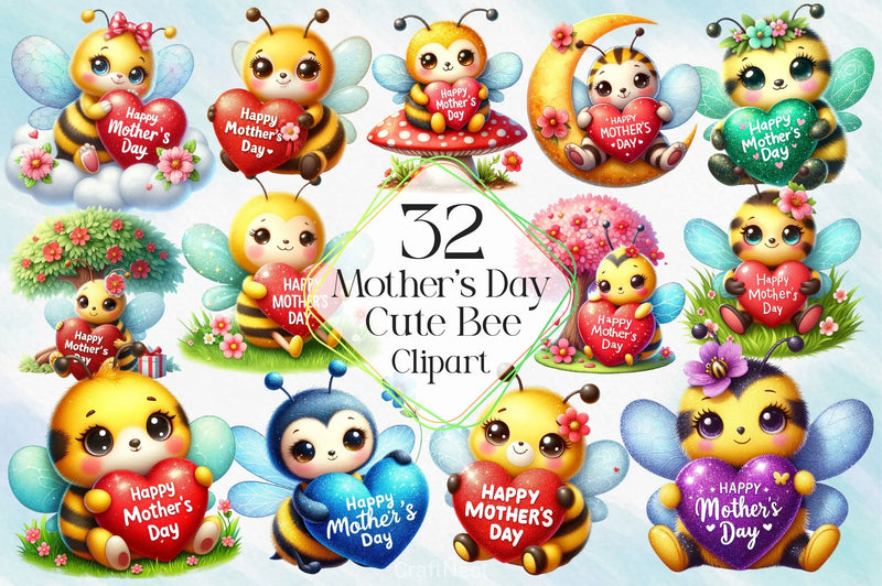 Mother's Day Cute Bee Clipart Bundle - CraftNest - Digital Crafting and Art