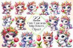 Cute Unicorns With Tulip Flowers Clipart Bundle - CraftNest - Digital Crafting and Art
