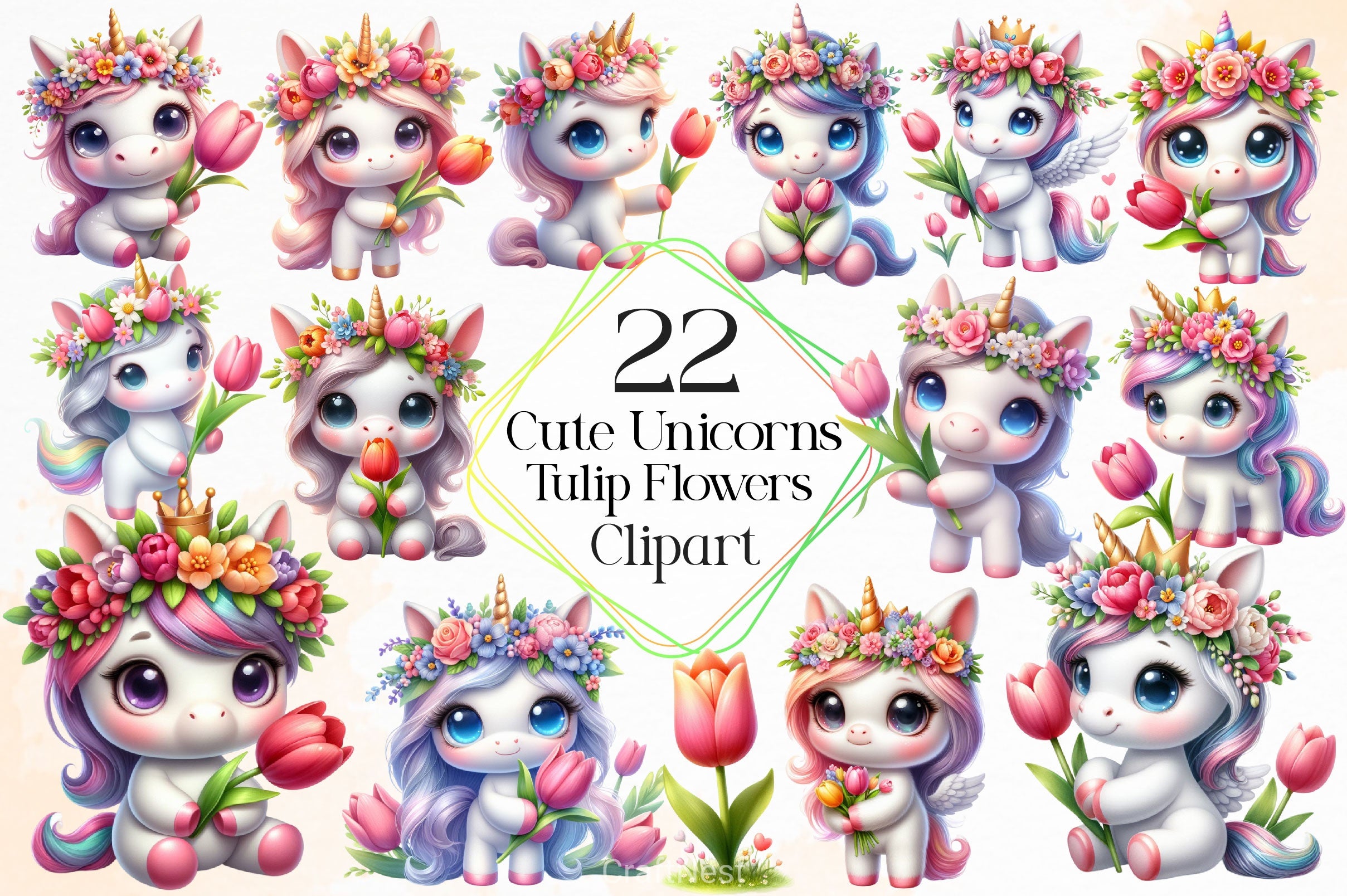 Cute Unicorns With Tulip Flowers Clipart Bundle - CraftNest - Digital Crafting and Art