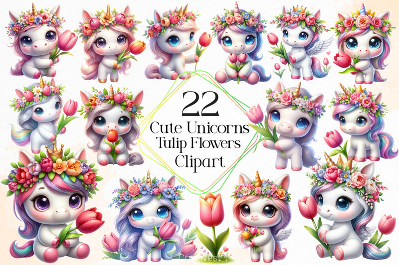 Cute Unicorns With Tulip Flowers Clipart Bundle - CraftNest - Digital Crafting and Art