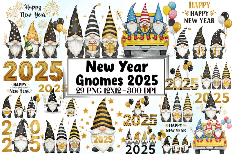 New Year Gnomes 2025 Clipart Bundle 4 - CraftNest - Digital Crafting and Art