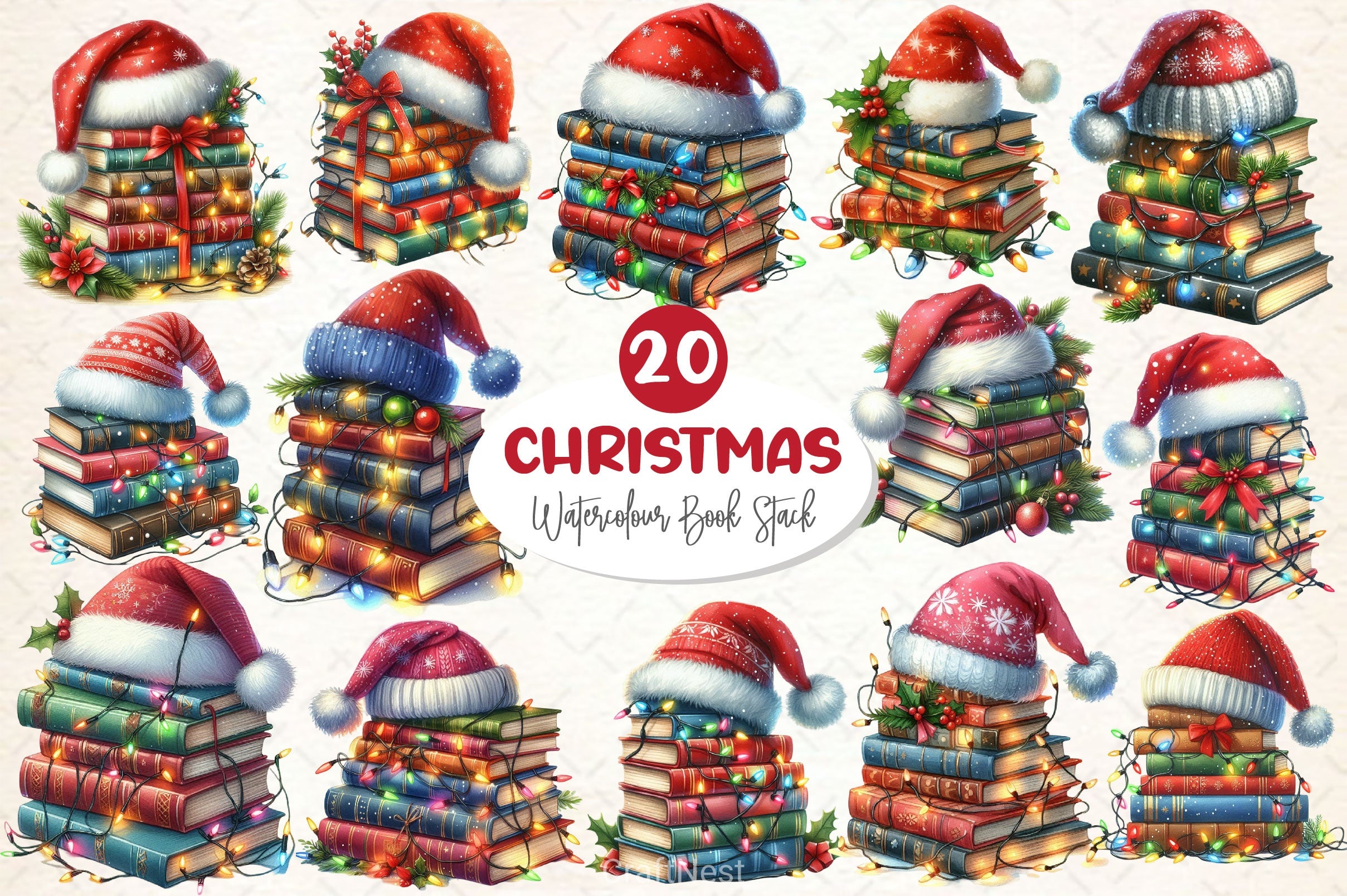 Watercolor Christmas Book Stack Clipart Bundle - CraftNest - Digital Crafting and Art