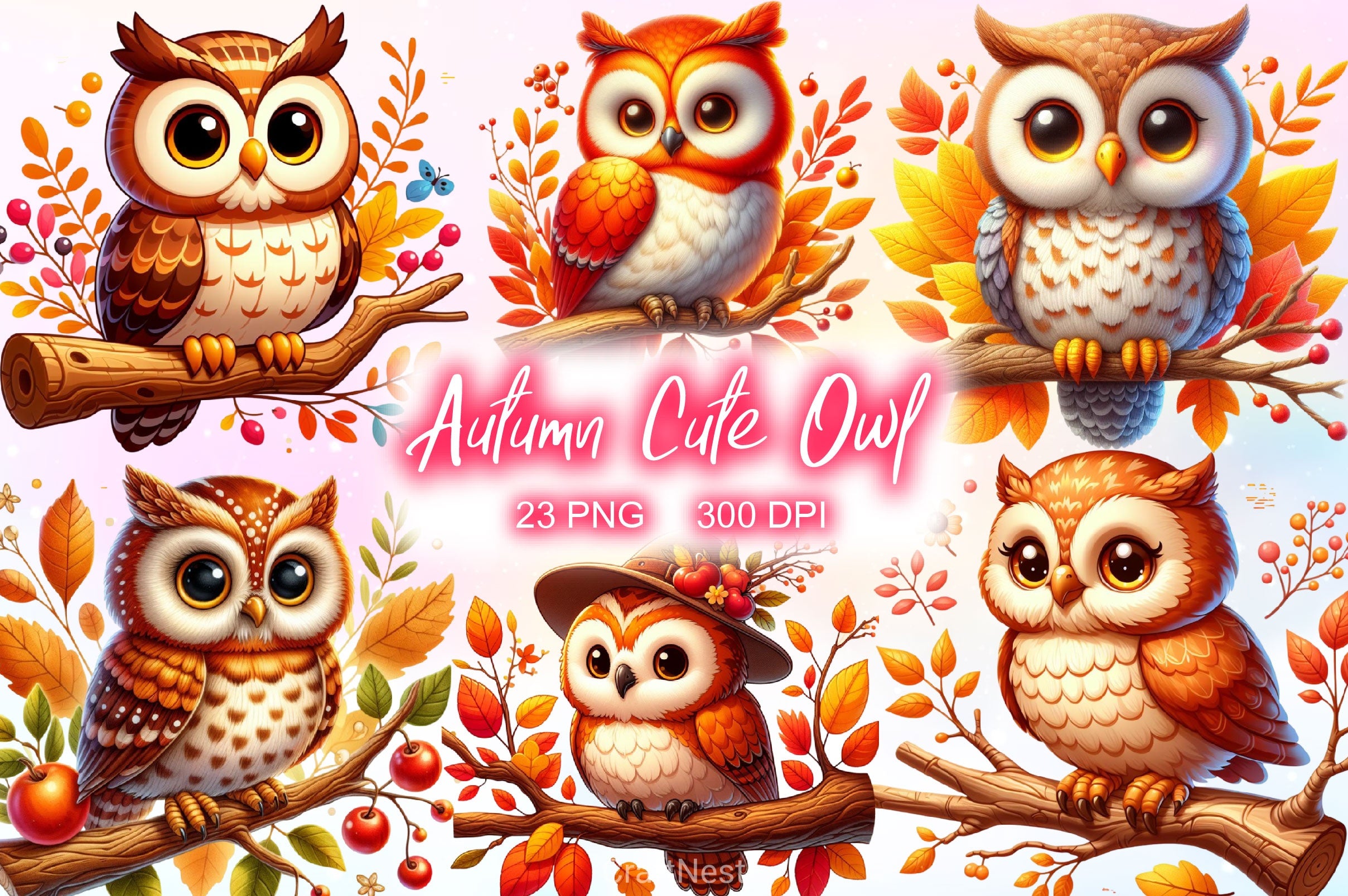 Autumn Cute Owl Clipart Bundle - CraftNest - Digital Crafting and Art
