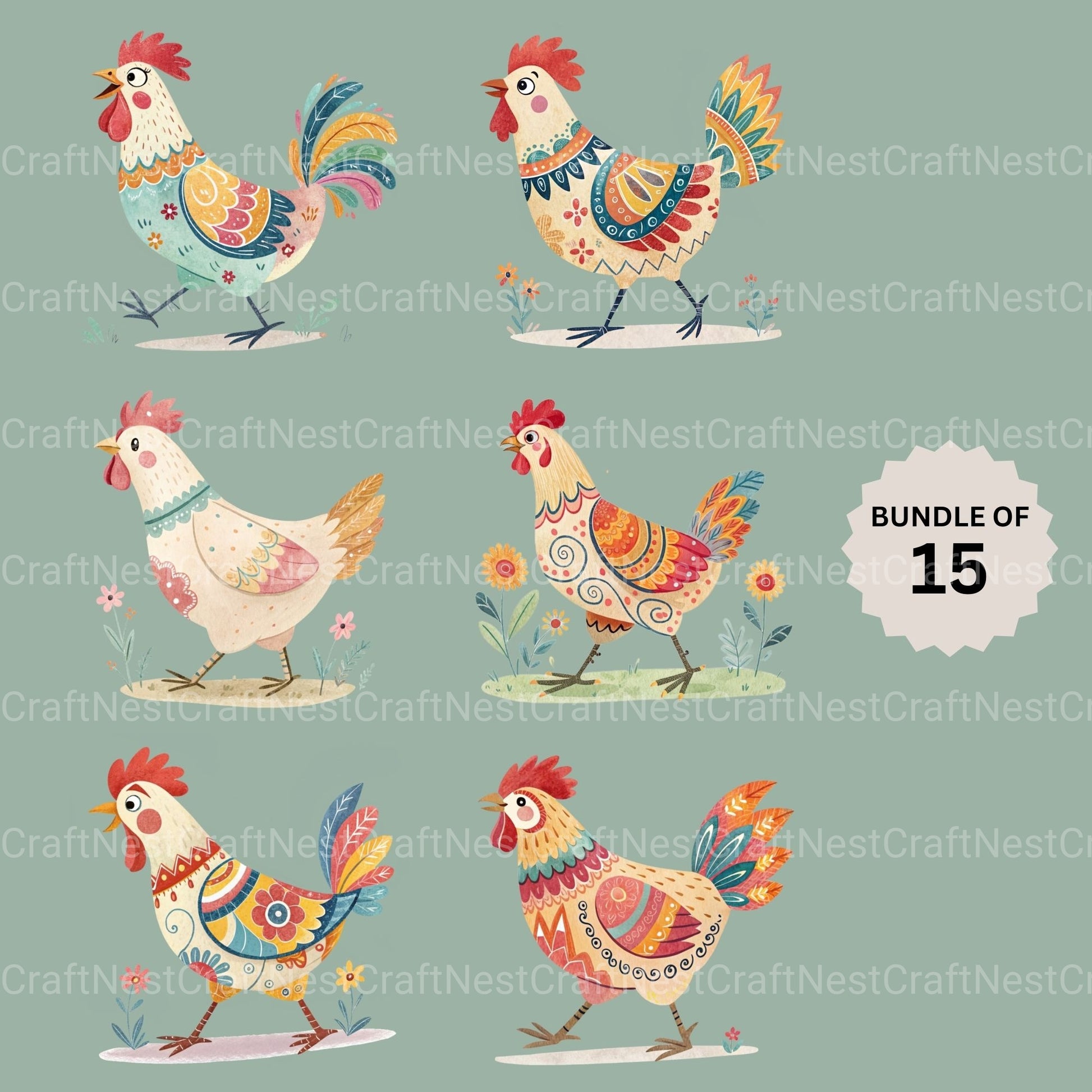 Boho Chickens Clipart Bundle - CraftNest - Digital Crafting and Art