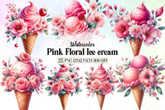 Pink Floral Ice Cream Clipart Bundle - CraftNest - Digital Crafting and Art