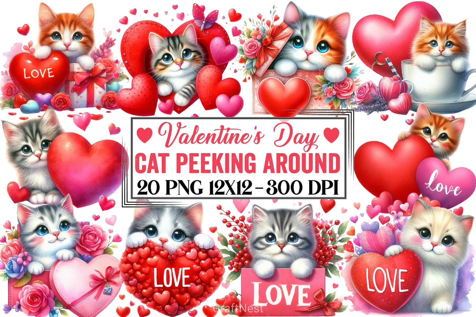 Cat Peeking Valentine Clipart Bundle - CraftNest - Digital Crafting and Art