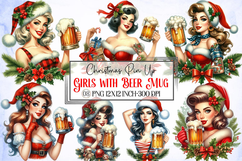 Christmas Pin Up Girls Beer Mug Clipart Bundle - CraftNest - Digital Crafting and Art