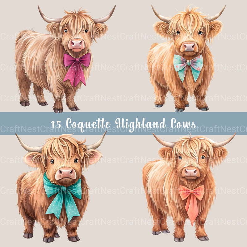 Coquette Highland Cows Clipart Bundle - CraftNest - Digital Crafting and Art