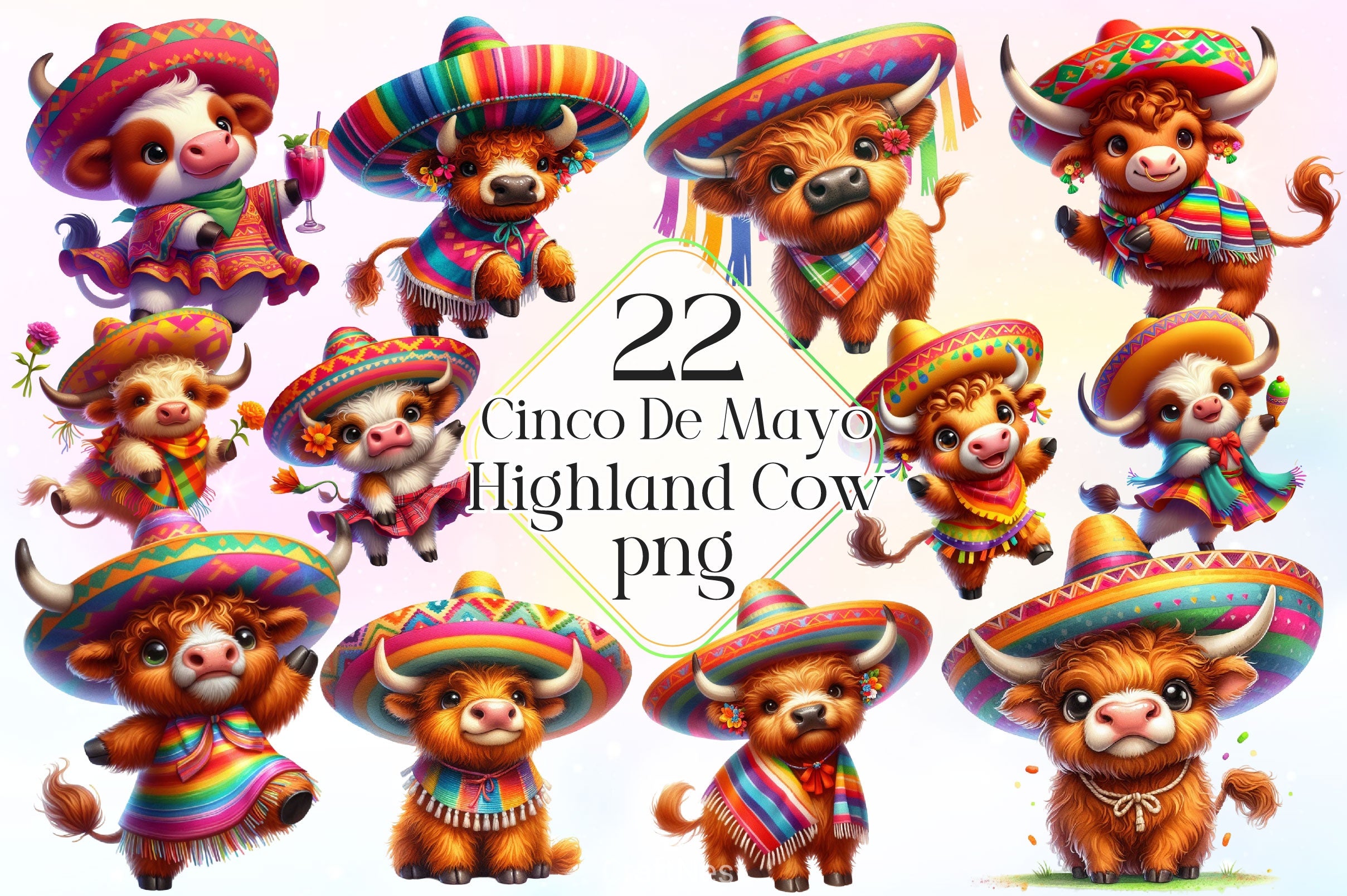 Cinco De Mayo Highland Cow Clipart Bundle 3 - CraftNest - Digital Crafting and Art