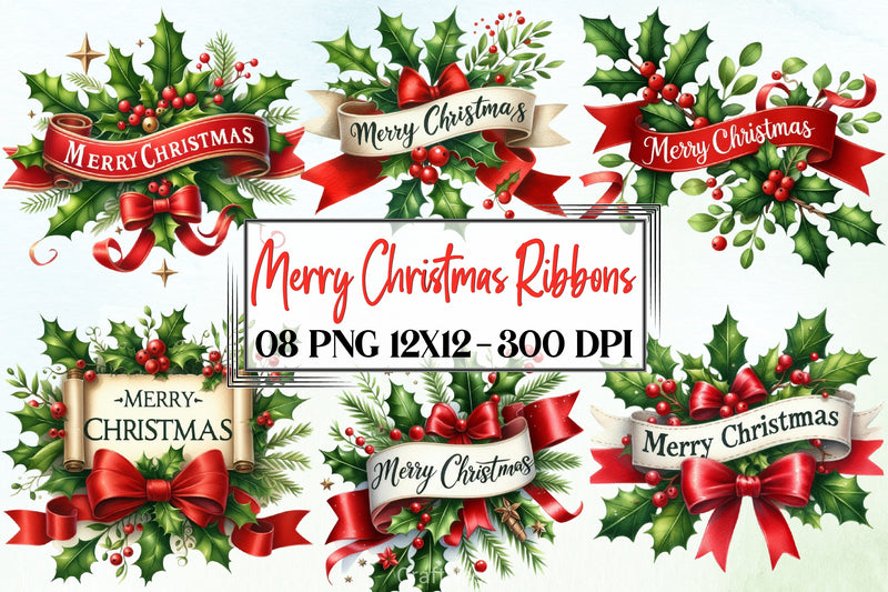 Merry Christmas Ribbons Clipart Bundle - CraftNest - Digital Crafting and Art