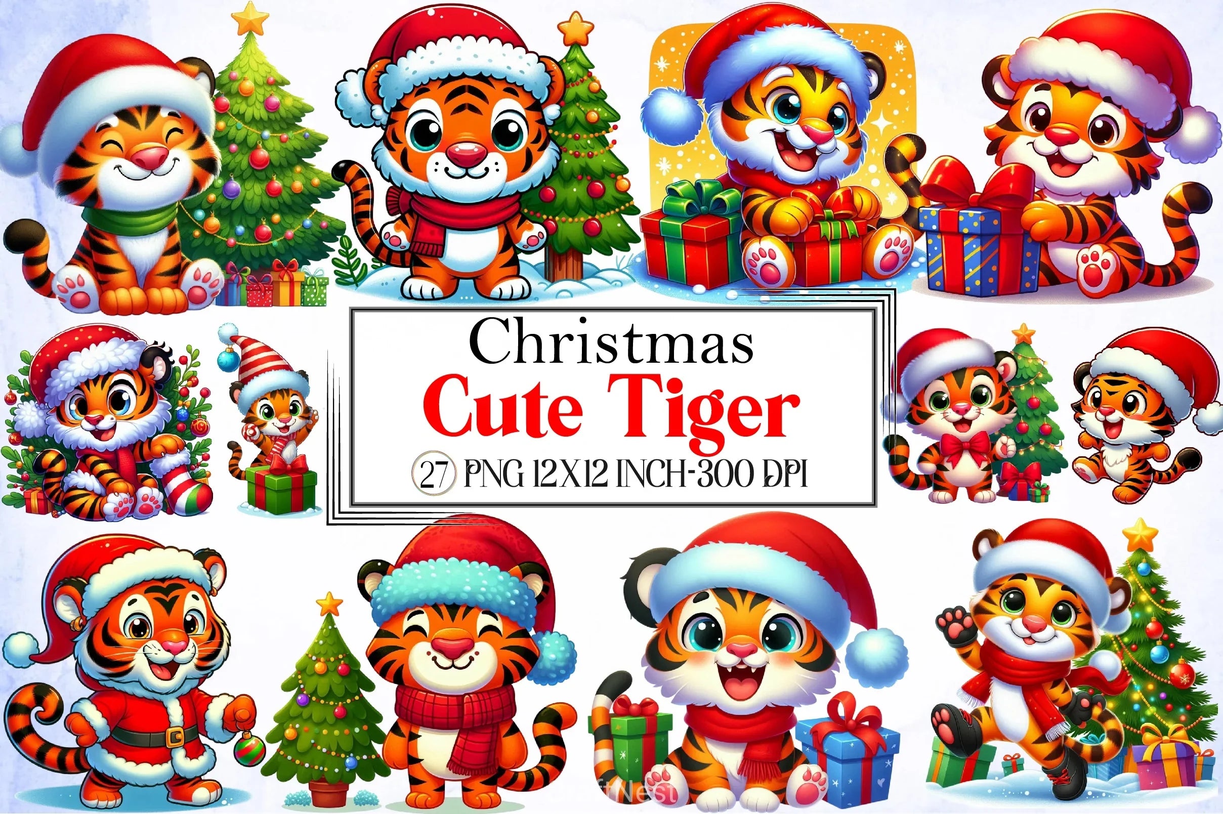 Cute Christmas Tiger Clipart Bundle - CraftNest - Digital Crafting and Art