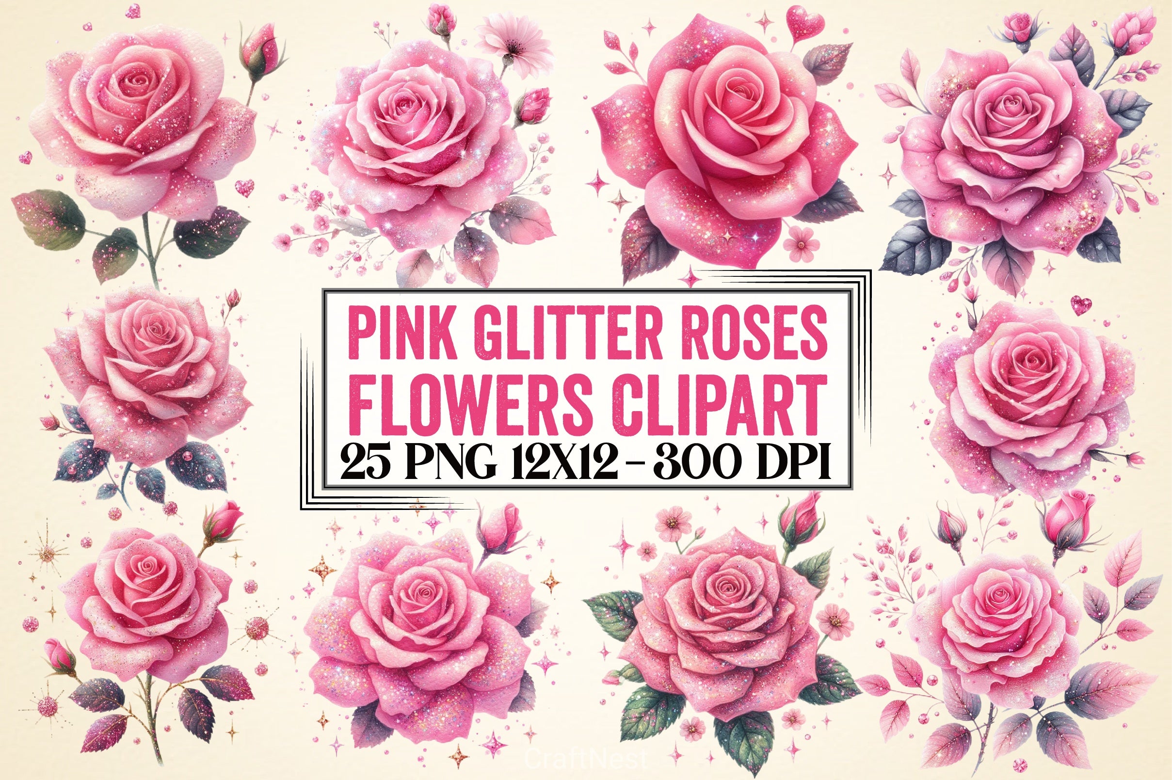 Pink Glitter Roses Clipart Bundle - CraftNest - Digital Crafting and Art