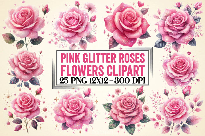 Pink Glitter Roses Clipart Bundle