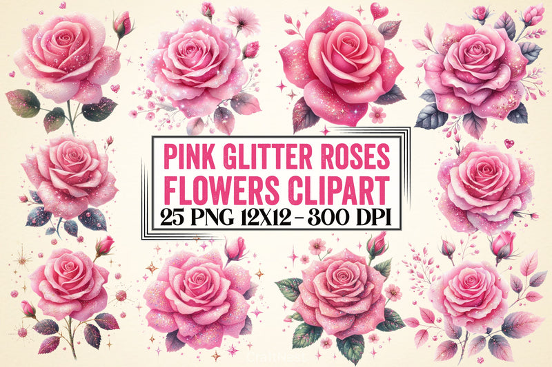 Pink Glitter Roses Clipart Bundle - CraftNest - Digital Crafting and Art