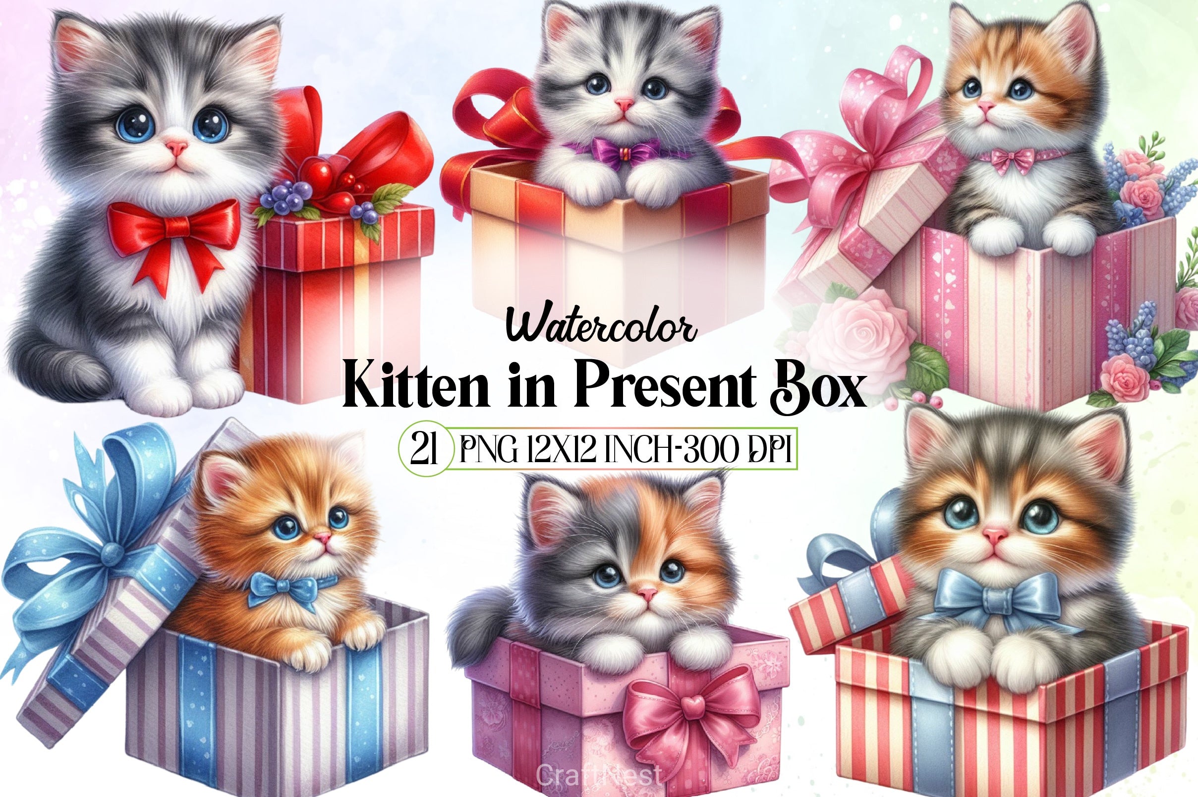 Kitten in Present Box Clipart Bundle - CraftNest - Digital Crafting and Art