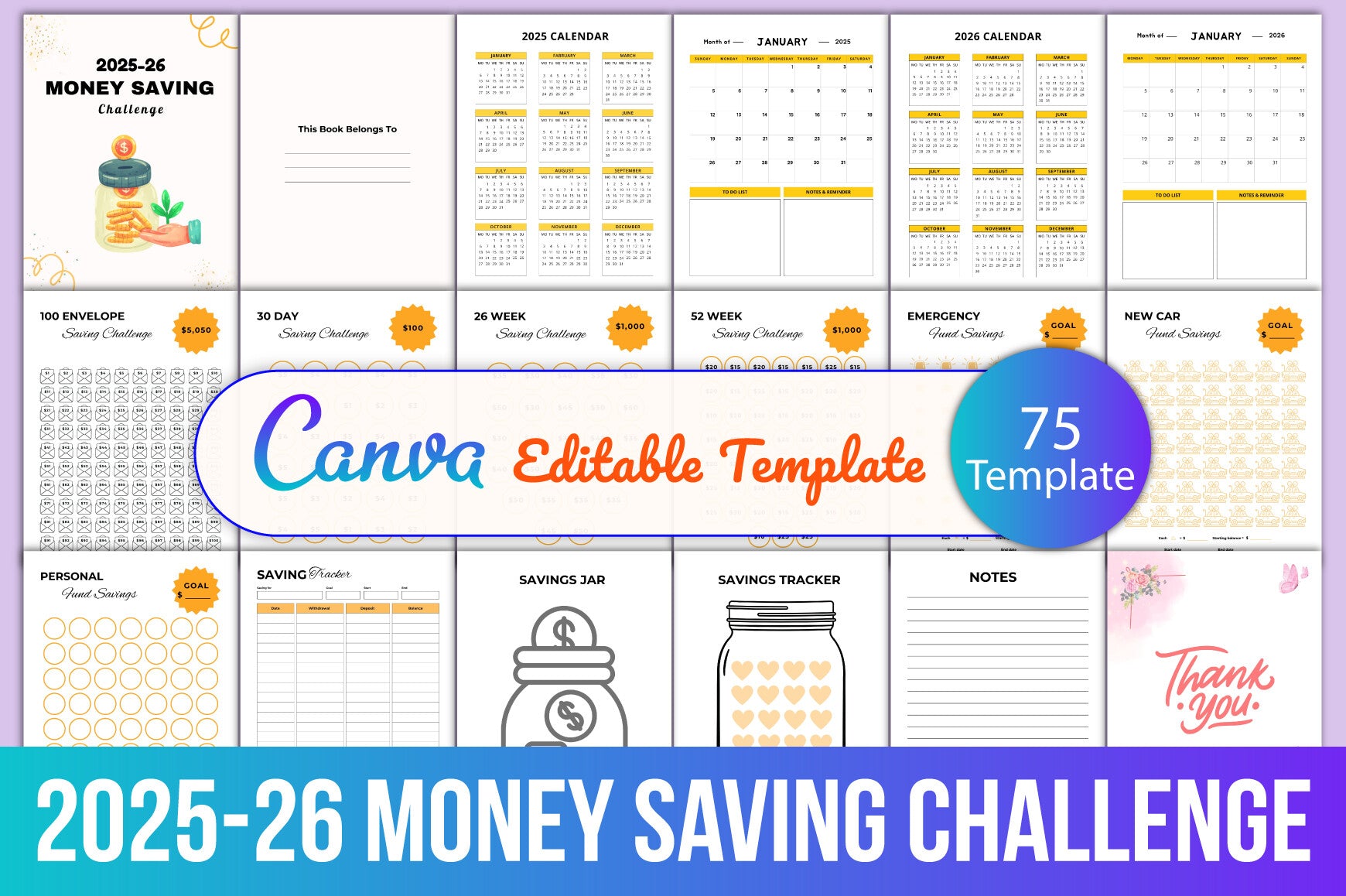 Money Saving Challenge Planner Editable Template