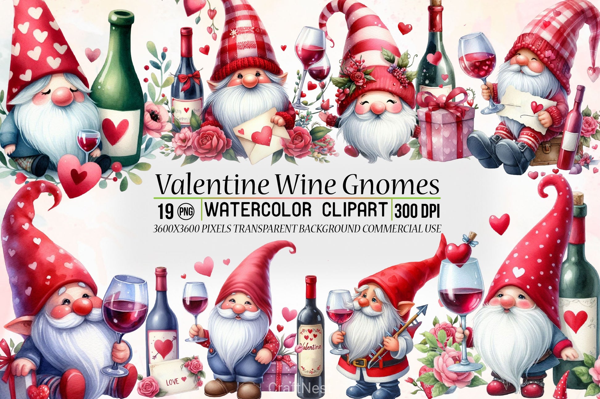 Valentine Wine Gnome Clipart Bundle - CraftNest - Digital Crafting and Art