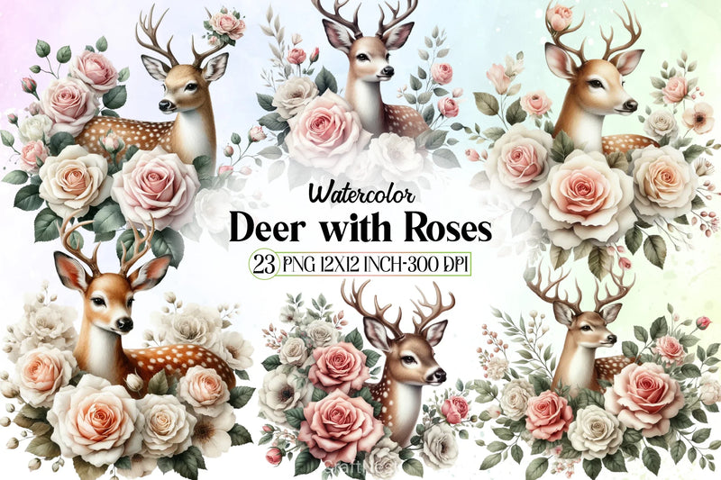 Deer with Roses Clipart Bundle - CraftNest - Digital Crafting and Art