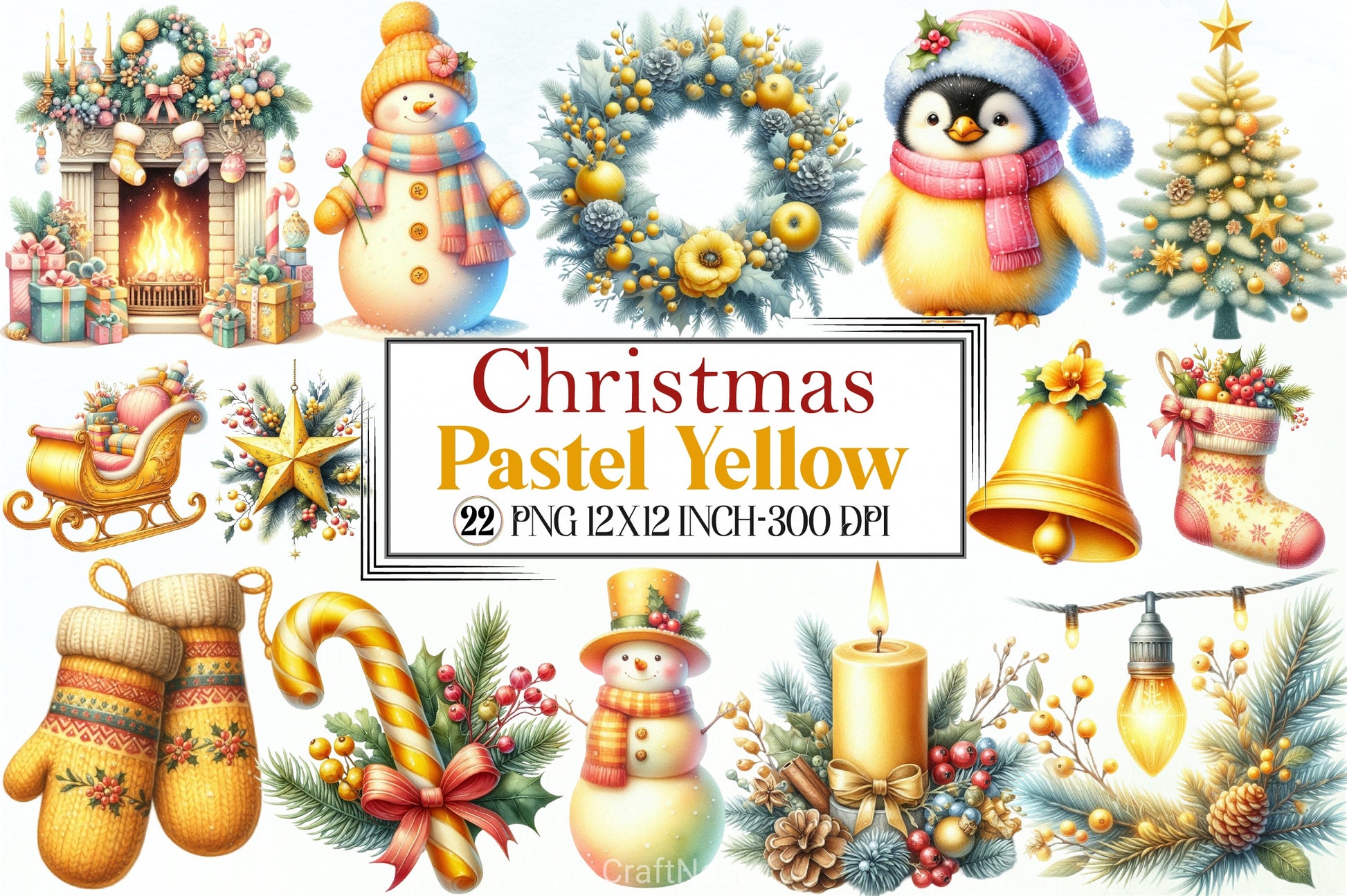 Watercolour Pastel Yellow Christmas Clipart Bundle - CraftNest - Digital Crafting and Art