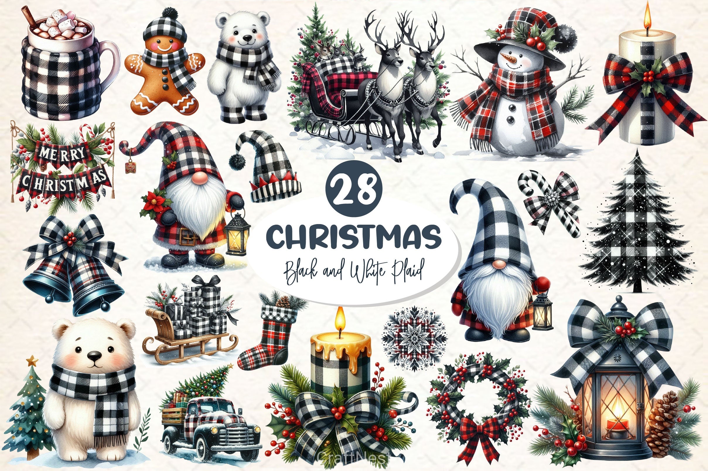 Black & White Plaid Christmas Clipart Bundle 2 - CraftNest - Digital Crafting and Art
