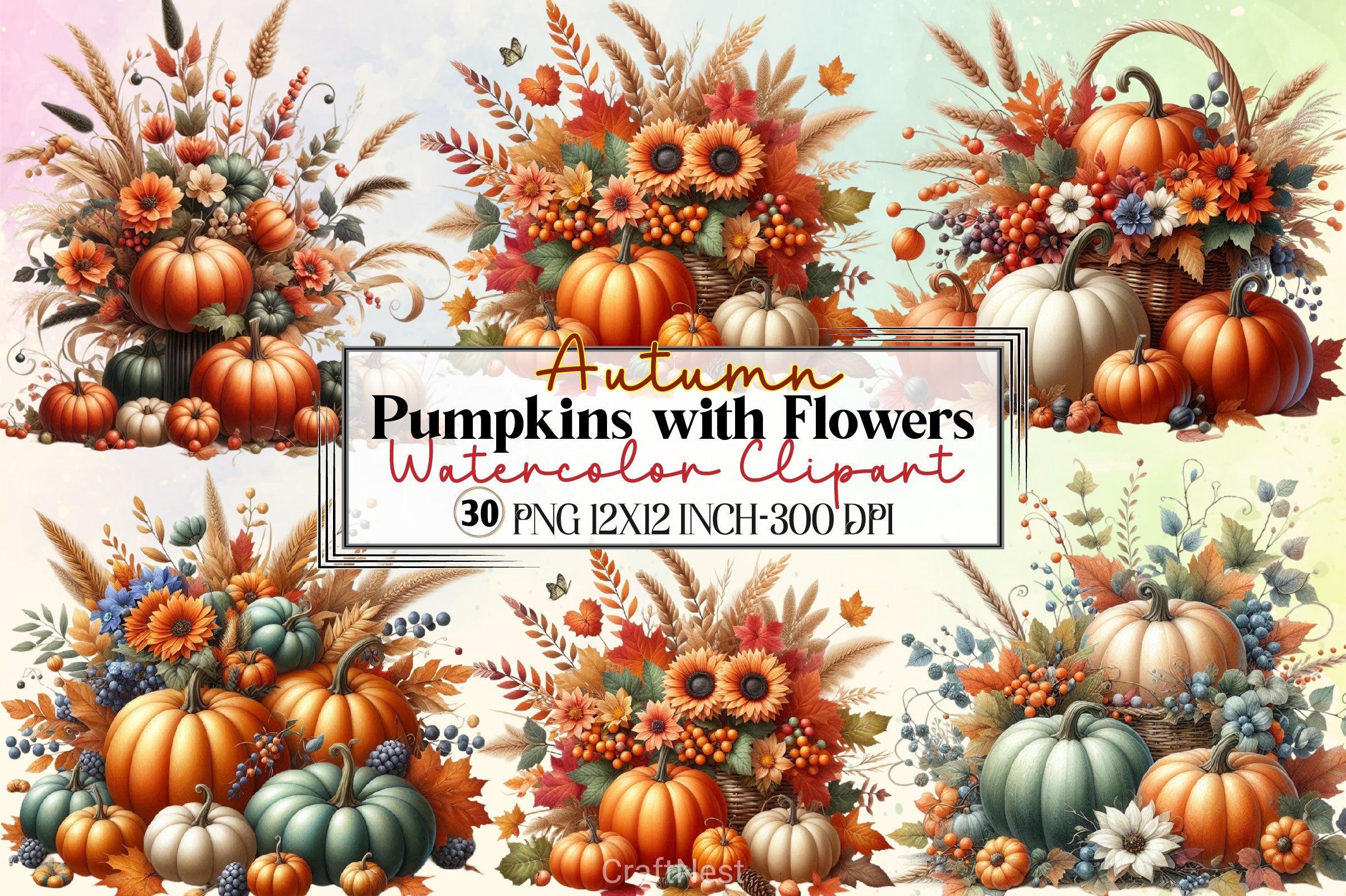 Autumn Pumpkins & Flowers Clipart Bundle - CraftNest - Digital Crafting and Art