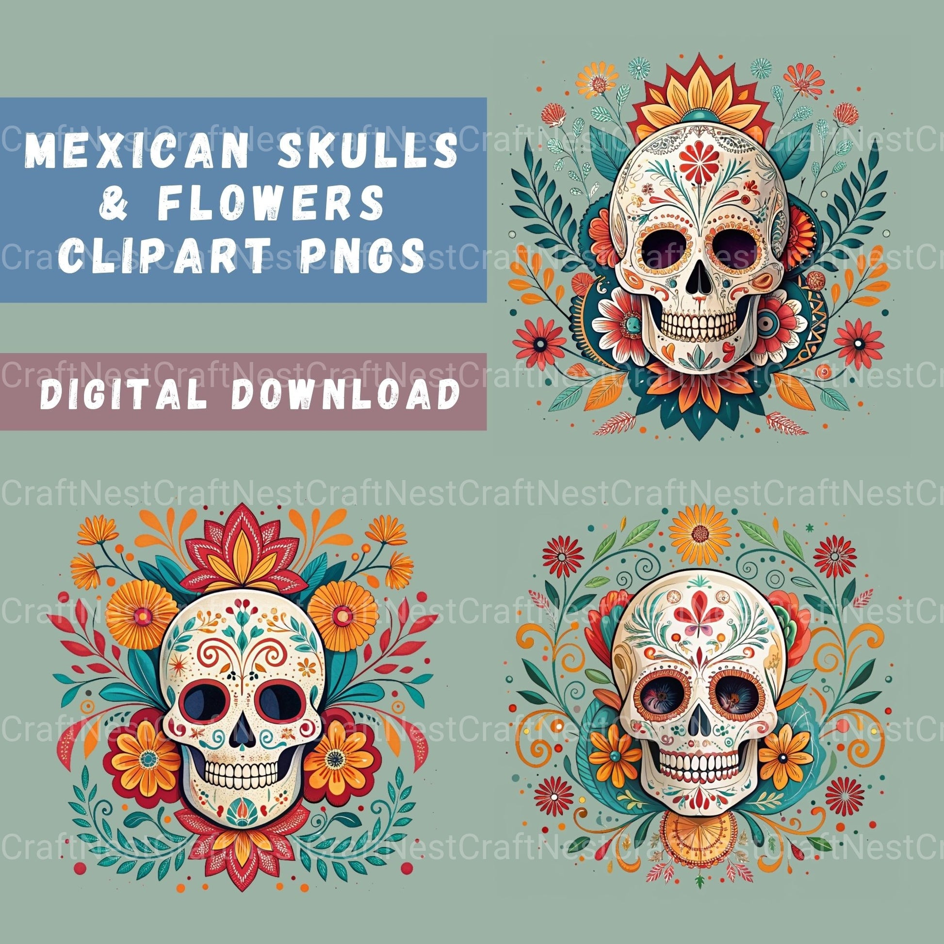 Mexican Floral Skulls Clipart Bundle - CraftNest - Digital Crafting and Art