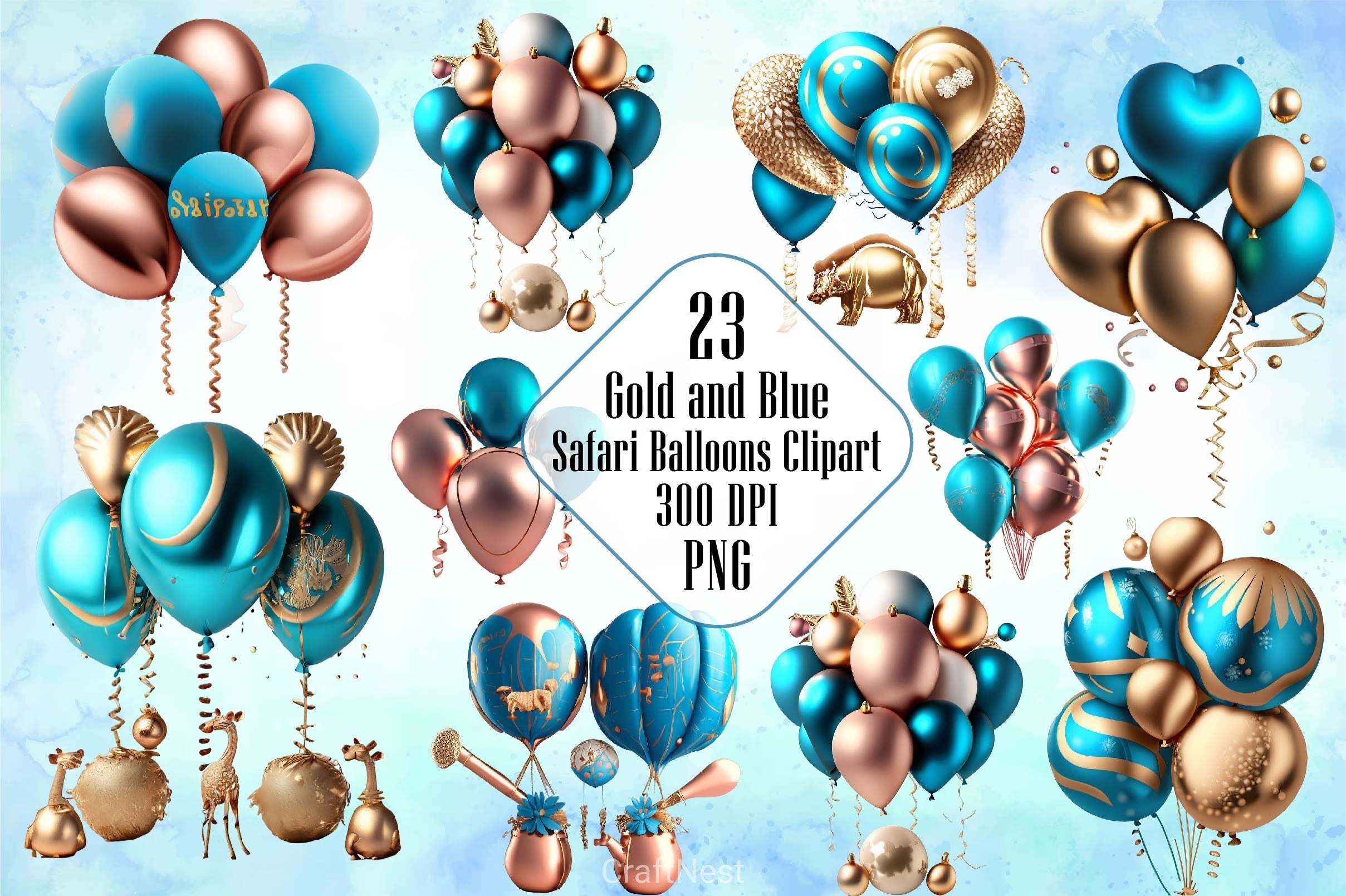 Christmas Gold And Blue Safari Balloons Clipart Bundle - CraftNest - Digital Crafting and Art