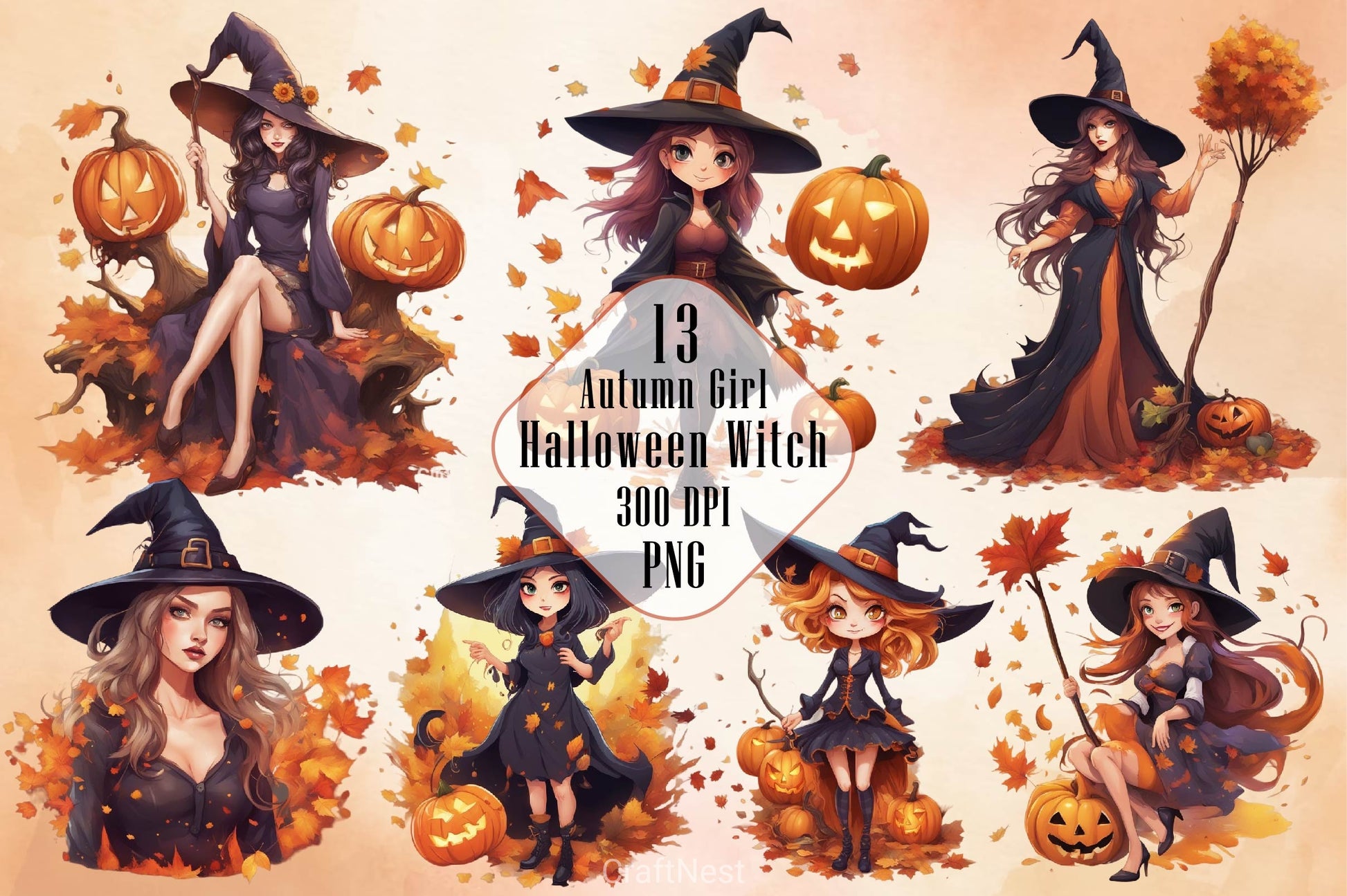 Cute Witch Girl Halloween Clipart Bundle - CraftNest - Digital Crafting and Art