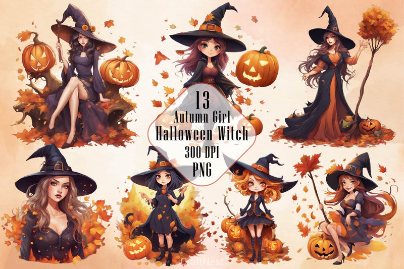 Cute Witch Girl Halloween Clipart Bundle - CraftNest - Digital Crafting and Art
