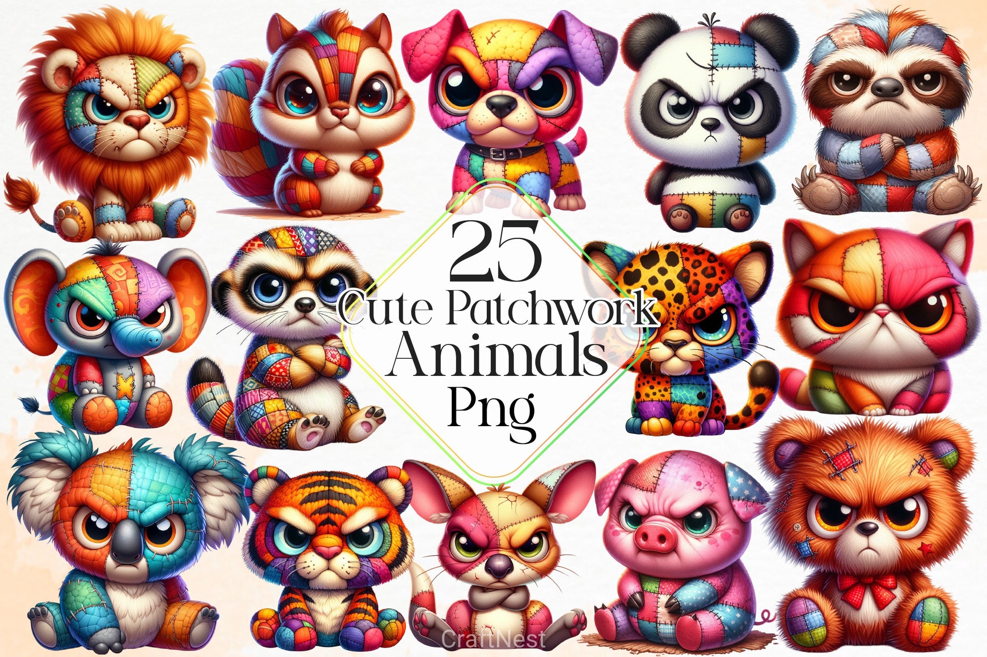Cute Patchwork Animals Clipart Bundle 2 - CraftNest - Digital Crafting and Art