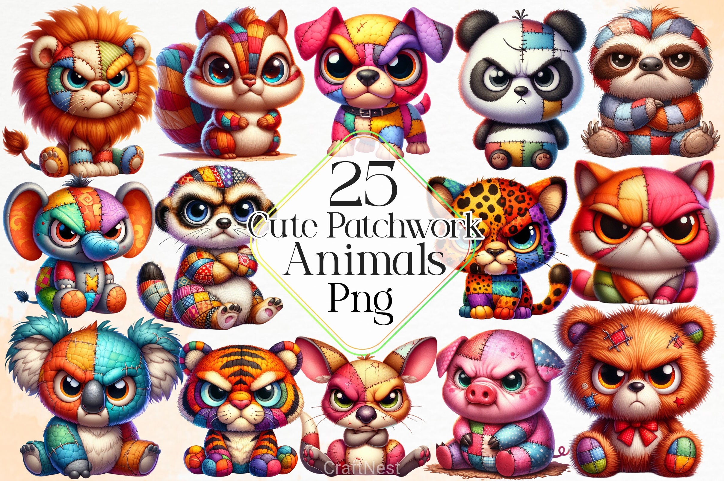 Cute Patchwork Animals Clipart Bundle 2 - CraftNest - Digital Crafting and Art