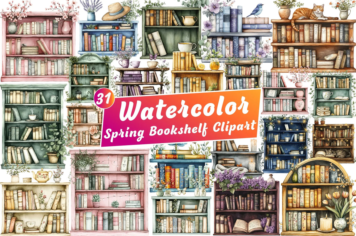 Spring Color Bookshelf Spring Bookshelf Clipart Bundle