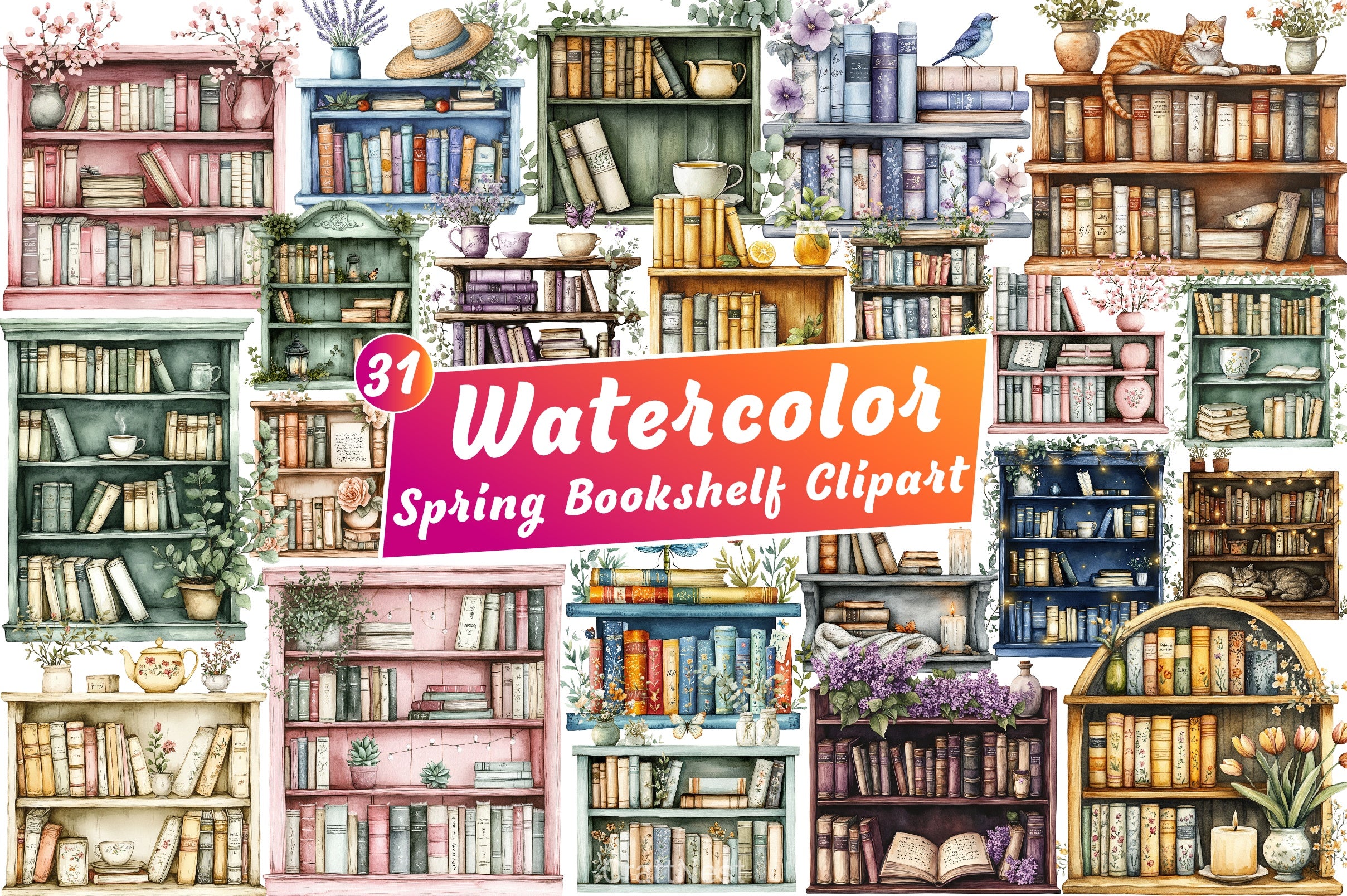 Spring Bookshelf Clipart Bundle 1 - CraftNest - Digital Crafting and Art