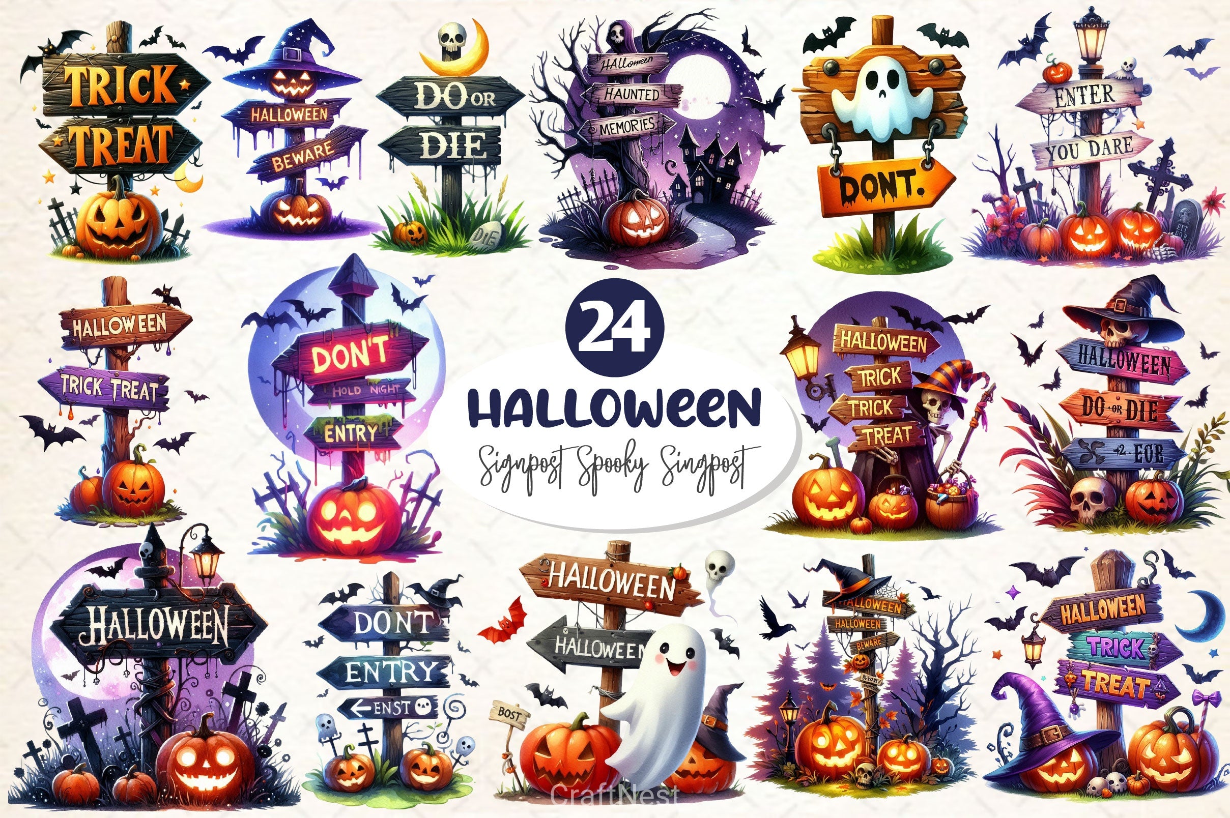 Halloween Signpost Spooky Signpost Clipart Bundle - CraftNest - Digital Crafting and Art