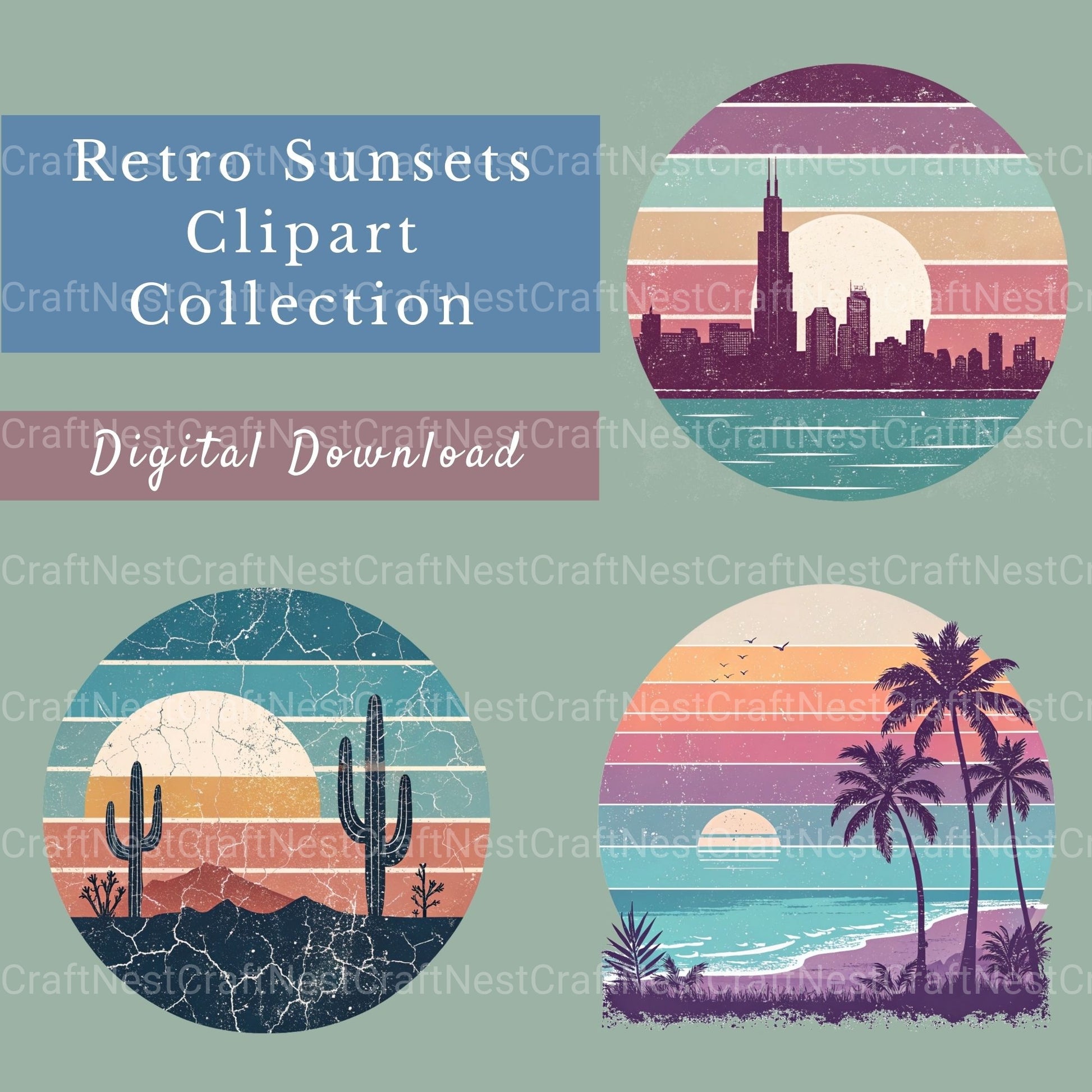 Retro Sunsets 3 Clipart Bundle - CraftNest - Digital Crafting and Art
