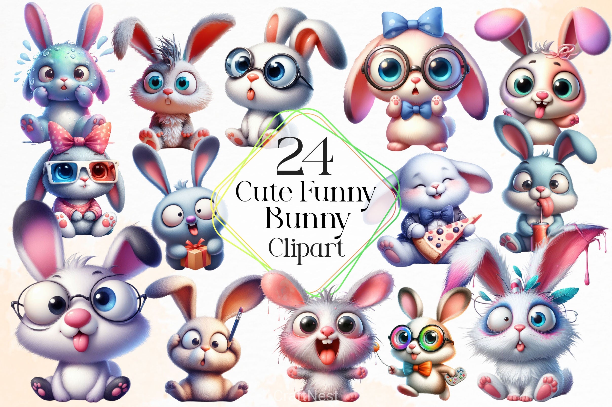Funny Cute Bunny Clipart Bundle - CraftNest - Digital Crafting and Art