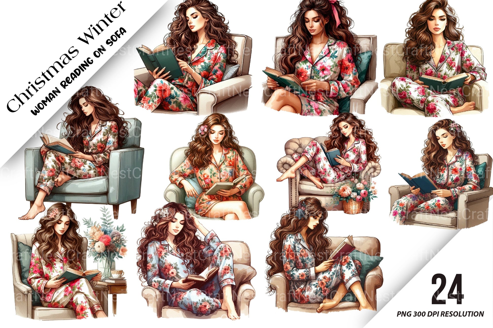 Christmas Winter Woman Reading on Sofa Clipart Bundle - CraftNest - Digital Crafting and Art