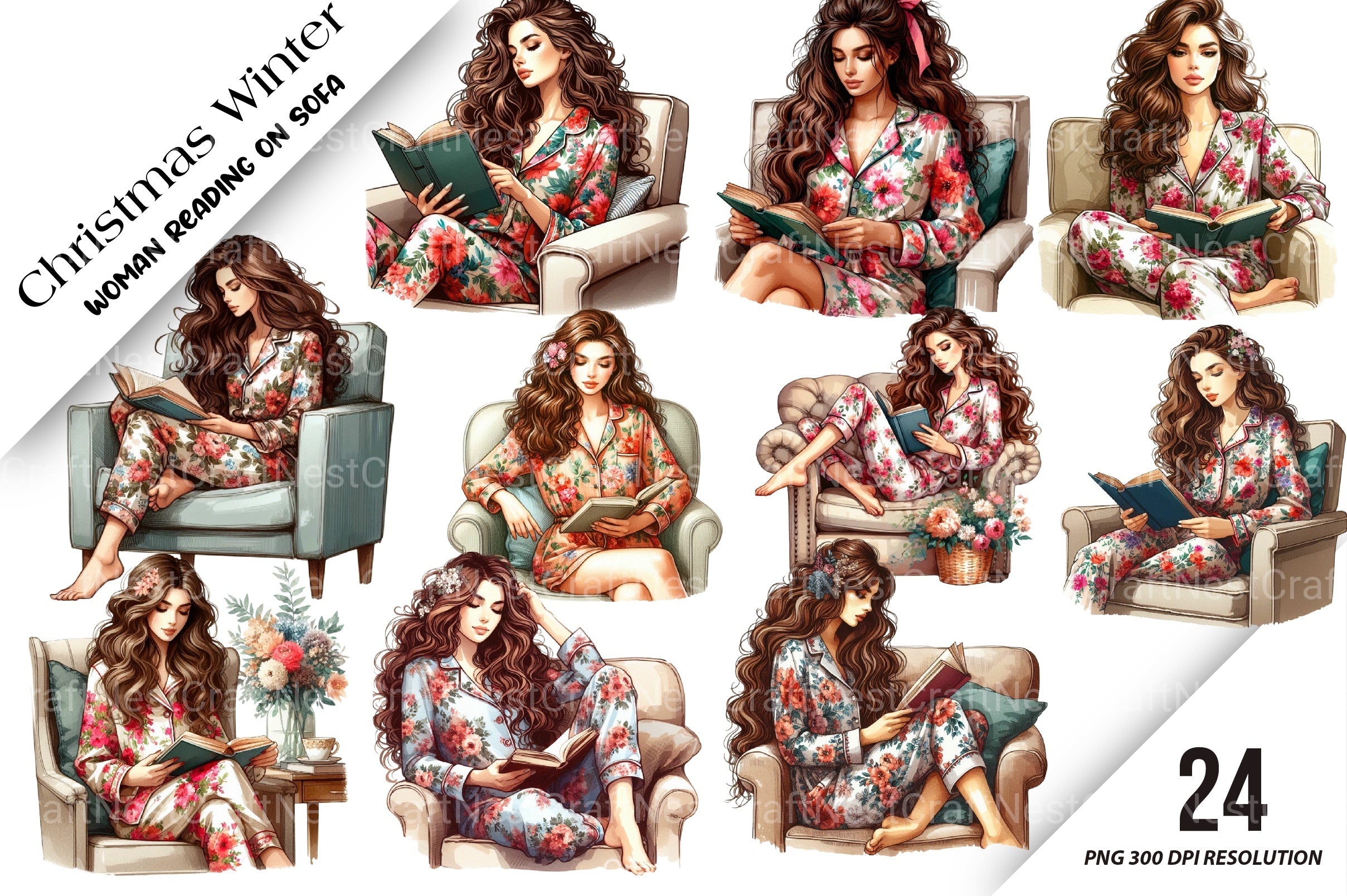 Christmas Winter Woman Reading on Sofa Clipart Bundle - CraftNest - Digital Crafting and Art
