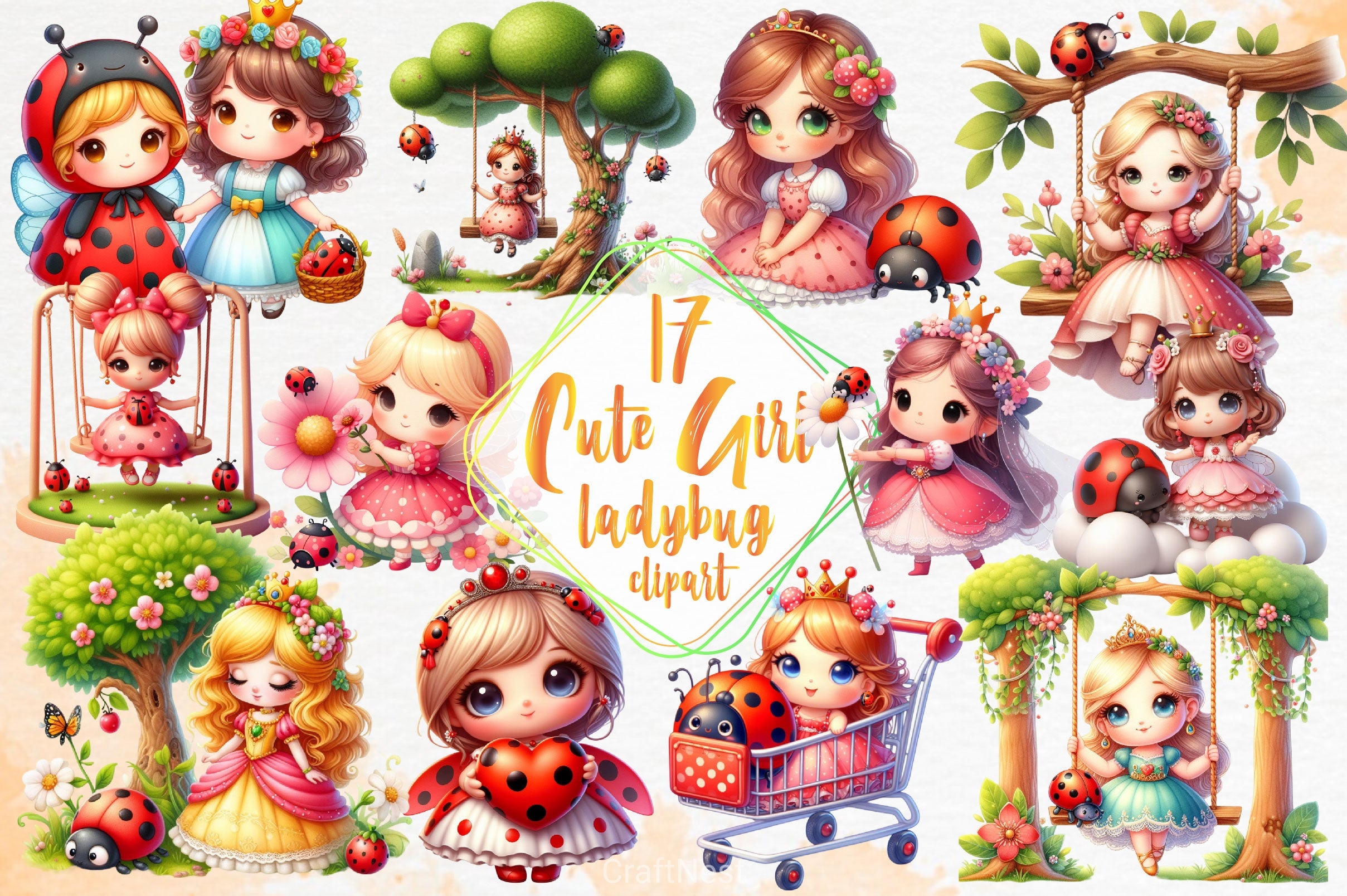 Cute Girl Ladybug Clipart Bundle - CraftNest - Digital Crafting and Art