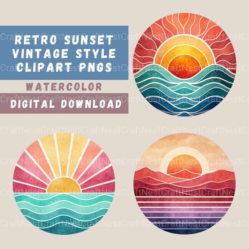 Retro Sunsets Circle Clipart Bundle - CraftNest - Digital Crafting and Art
