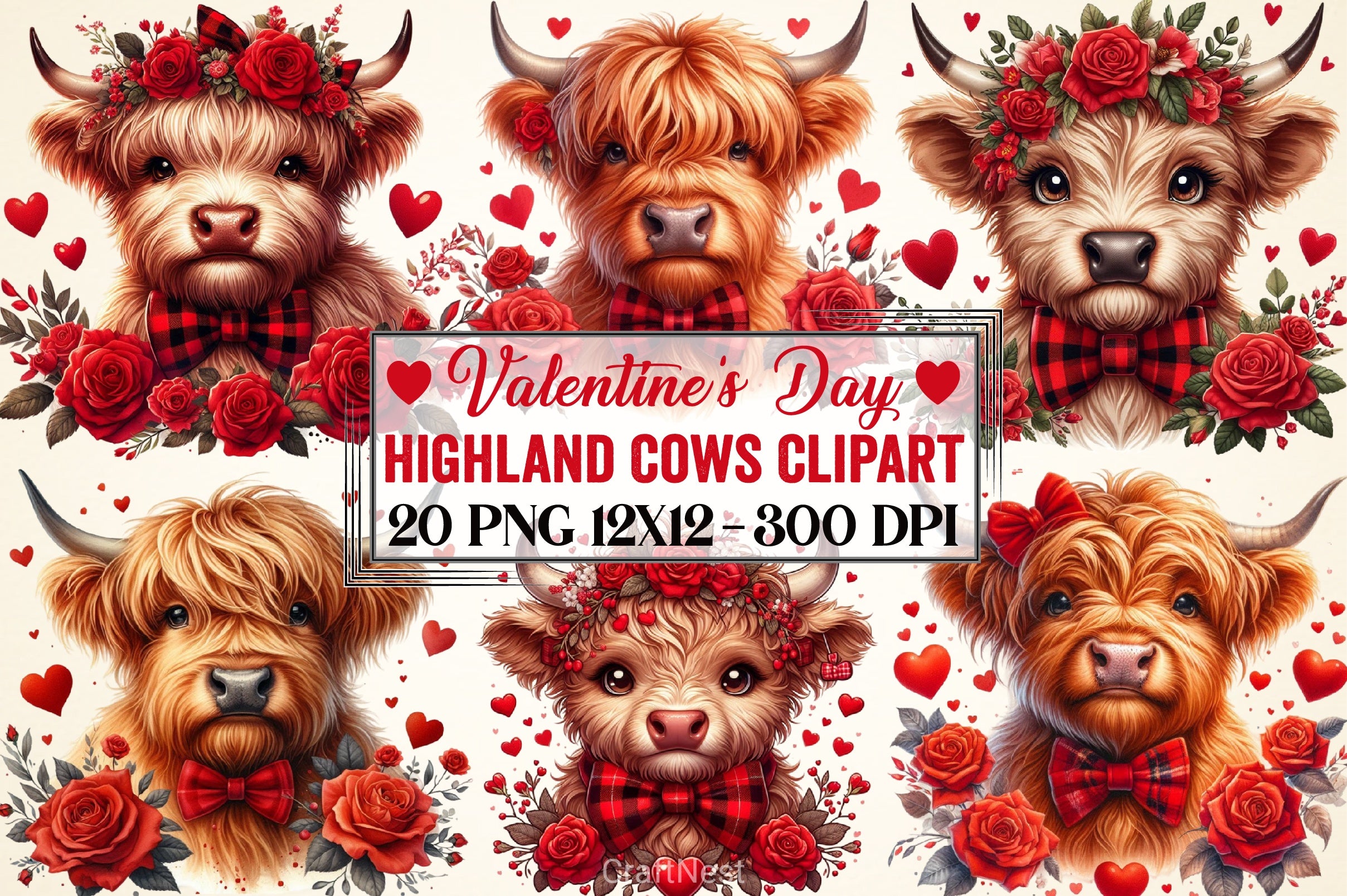 Valentine's Day Highland Cows Clipart Bundle - CraftNest - Digital Crafting and Art