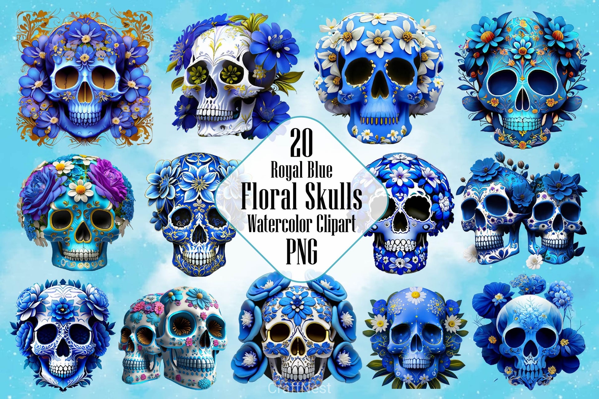 Royal Blue Floral Skulls Clipart Bundle - CraftNest - Digital Crafting and Art