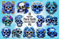 Royal Blue Floral Skulls Clipart Bundle - CraftNest - Digital Crafting and Art