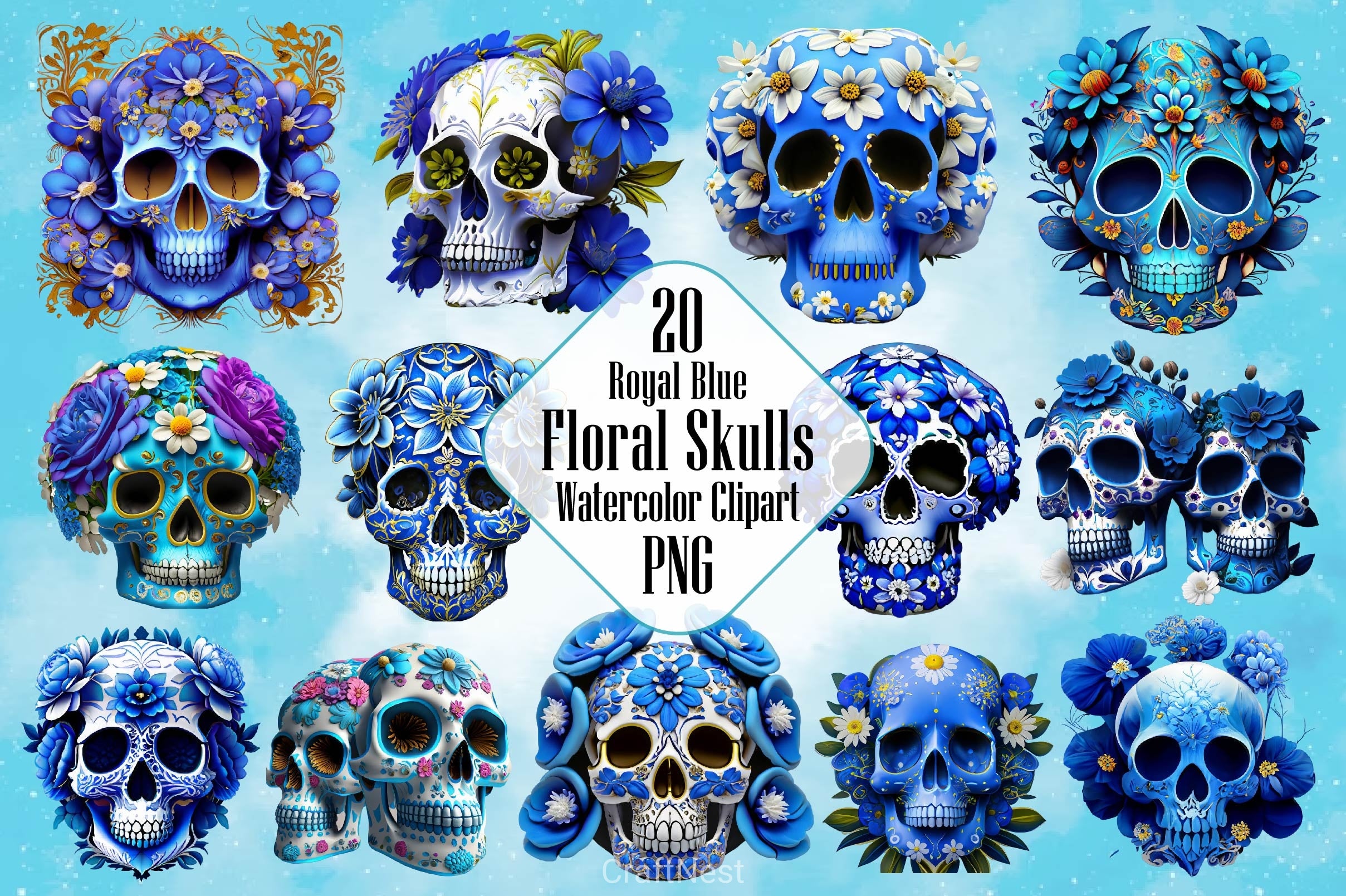 Royal Blue Floral Skulls Clipart Bundle - CraftNest - Digital Crafting and Art