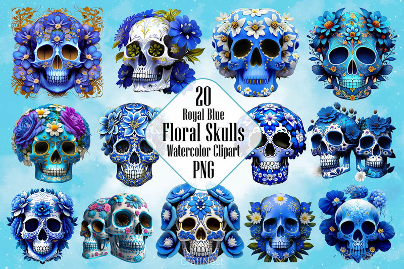 Royal Blue Floral Skulls Clipart Bundle - CraftNest - Digital Crafting and Art