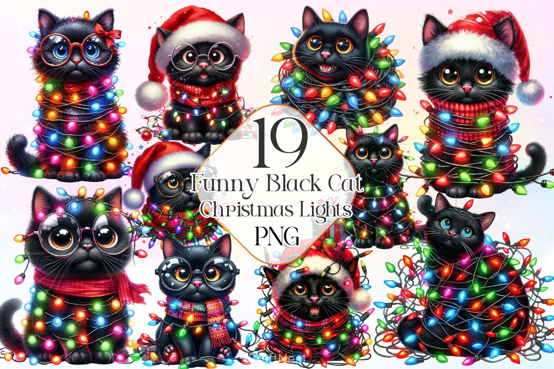 Funny Black Cat With Christmas Lights Clipart Bundle - CraftNest - Digital Crafting and Art