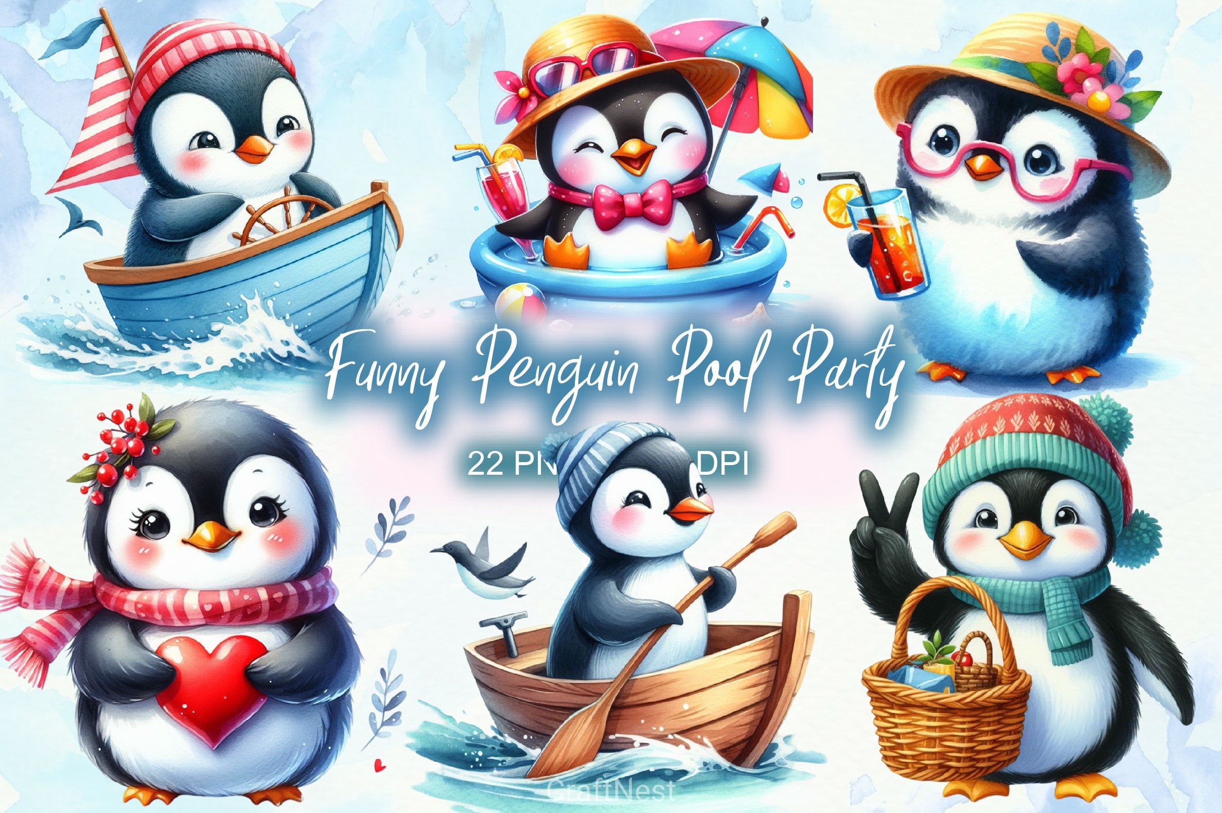 Funny Penguin In Pool Party Clipart Bundle 2 - CraftNest - Digital Crafting and Art