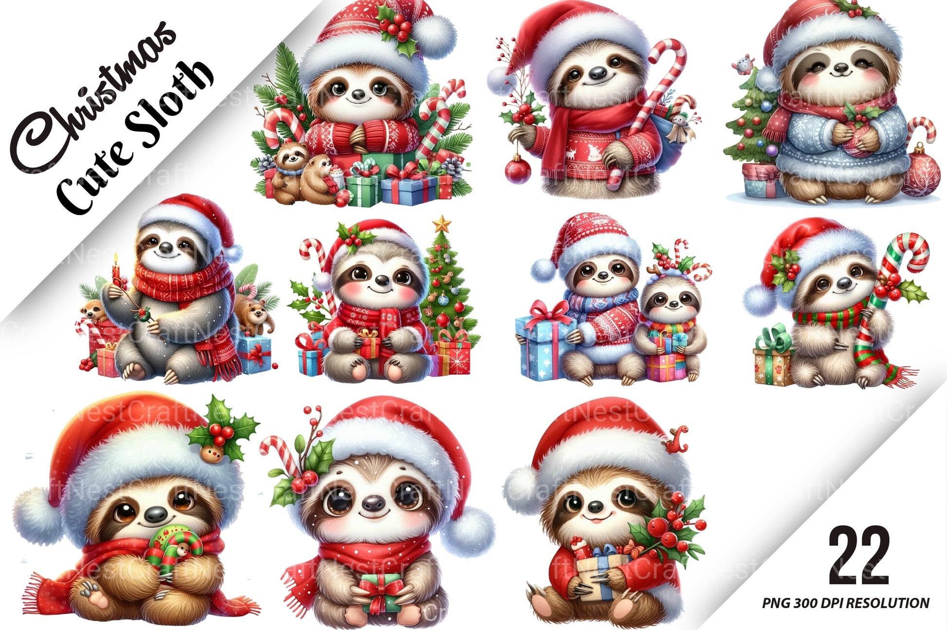 Christmas Cute Sloth Clipart Bundle - CraftNest - Digital Crafting and Art